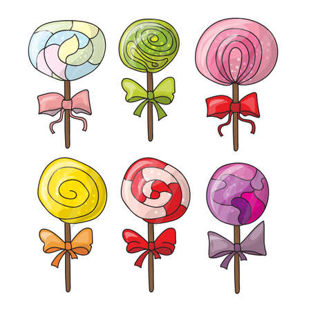 Set of colorful lollipops in hand drawn style. Collection of spiral candies sketchのイラスト素材