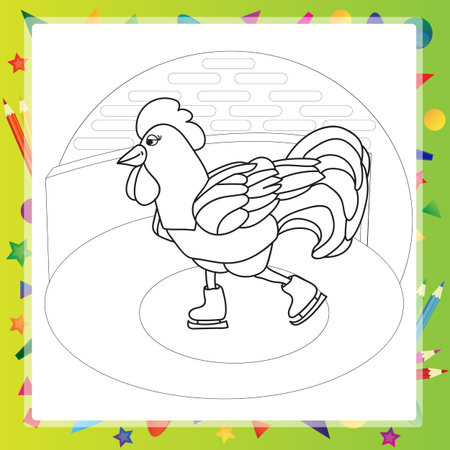 Rooster bird skate on skating ring. Cock go in for sport. Winter recreational activity. Chinese calendar zodiac horoscopeのイラスト素材