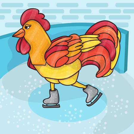 Rooster bird skate on skating ring. Cock go in for sport. Winter recreational activity. Chinese calendar zodiac horoscopeのイラスト素材