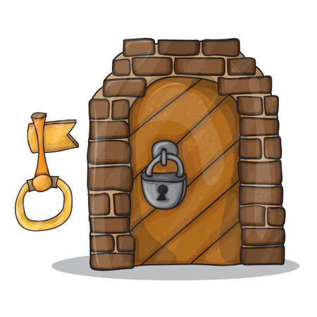 Vintage key and the door of the castle - vector illustration isolated on white background, cartoon designのイラスト素材