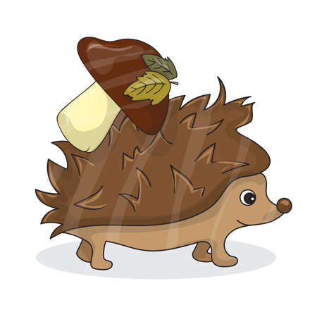 Vector cartoon image of a cute brown hedgehog with white-brown mushroomのイラスト素材