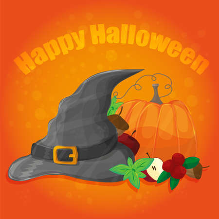 Halloween poster, banner or background. Vector illustration with pumpkin, hat and other elementsのイラスト素材