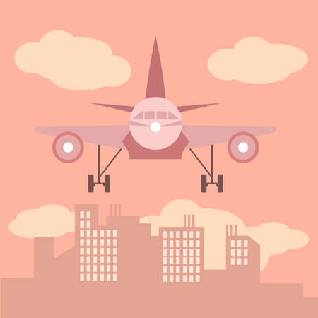 Plane in front of big city silhouette in flat style illustrationのイラスト素材