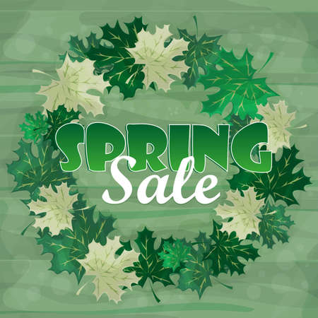 Spring Sale Word on green Leaves. Vector Illustrationのイラスト素材