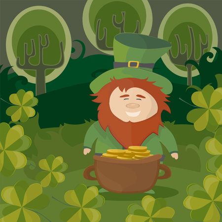 St. Patrick's Day Leprechaun with a pot of gold coins in a forestのイラスト素材