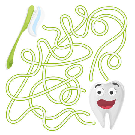 Cartoon Education Maze or Labyrinth Game for Children with Cute Tooth and Brushのイラスト素材