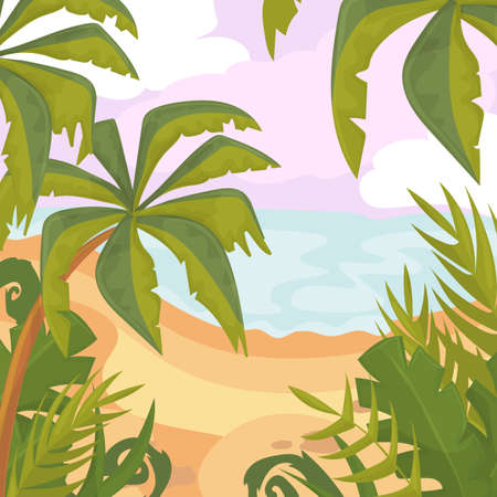 Palms and plants with sea view illustration.のイラスト素材