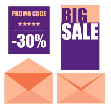 Sale creative badges set. Promo code and sale cards with envelopes Vectorのイラスト素材
