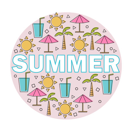 A Vector summer lettering with linear icons and signs travel and vacation concept