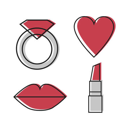Woman icons vector set of four symbol - ring, heart, lips, lipstick in red and grey colors - line design.のイラスト素材