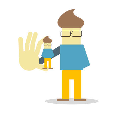 Self presentation. Young character holding his 3D model on the palm flat editable vector illustration, clip artのイラスト素材