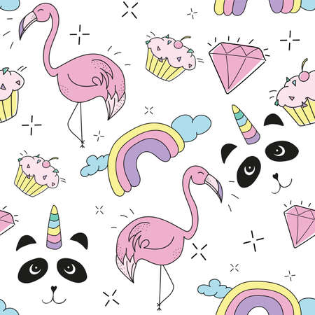 Creative colorful art drawing seamless endless repeating pattern texture with elements like pandicorn, pineapple, rainbow, cupcakeのイラスト素材