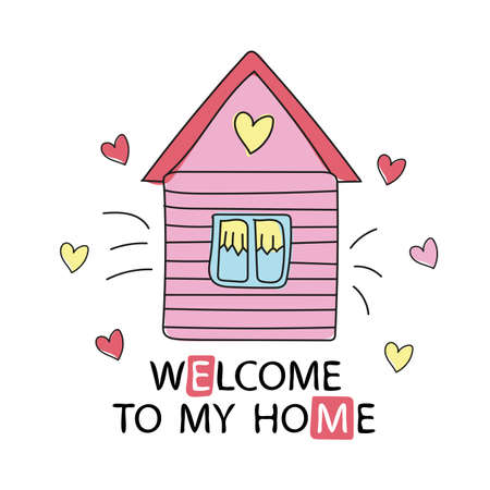 Cartoon style design element welcome to my home. Vector illustration. Can be used print for t-shirts, home decor, cards, posters for baby room or bedroomのイラスト素材