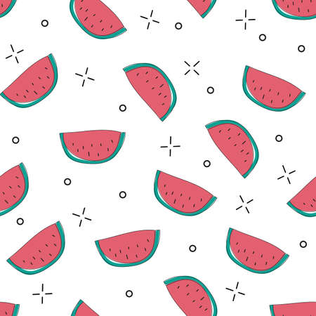 Bright colorful vector seamless pattern with sliced watermelons. Doodle colors and shapes. Pink on white backgroundのイラスト素材