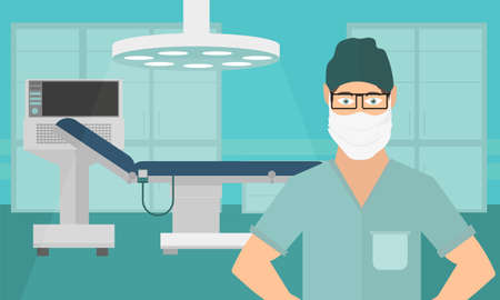 Vector medical concept Surgeon in operation theater. Room with doctor in medical mask. Flat vector illustrationのイラスト素材