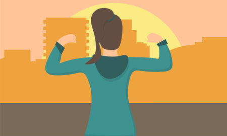 Beautiful young strong powerful woman showing her muscles against the background of the urban...