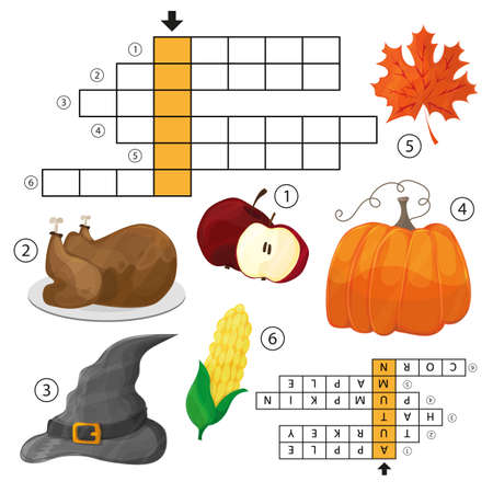 Learn English with an autumn crossword game for kids. Vector illustration. Halloween and Thanksgiving themeのイラスト素材