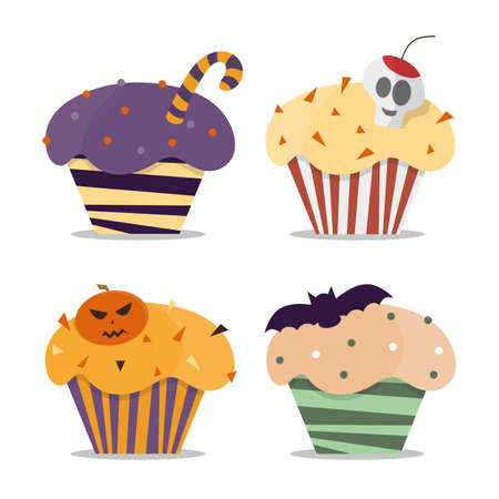 Cupcake happy halloween scary sweets. Halloween vector cupcakes. Trick or treat halloween cupcakes dessert food pumpkin party.のイラスト素材