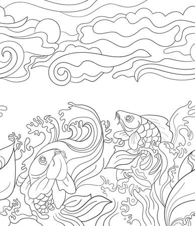 Seamless pattern with japanese carps. Tile background for your design, fabric textile, wallpaper or wrapping paper. Beautiful doodle  and plantsの写真素材