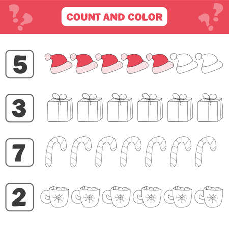 Mathematics worksheet for kids. Count and color educational children activity. Black and White Cartoon Illustration of Educational Counting Game for Children. Christmas, winter holidays themeのイラスト素材