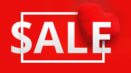 Happy Valentines Day Sale Promo Web Banner. Top view on composition with hearts on red background. Seasonal Discount Offer - February saleの写真素材
