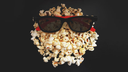 Abstract image of viewer, 3D glasses and popcorn on black background. Still life, top view, flat...