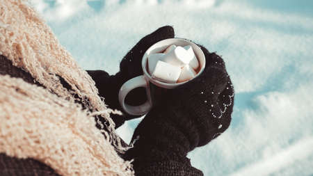 A cup of cocoa with marshmallows in hands in mittens. Warm winter background. Warming drink.の写真素材