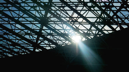 Steel structure workshop in construction, steel frame factory building closeup