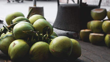 Sweet green coconuts. Coconut tropical fruit for drink in Chinaの写真素材