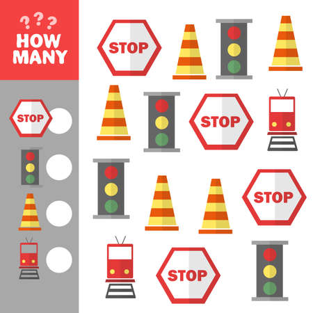 Exercises for children. Developing skills for counting. Count game - road signs. Vector image.のイラスト素材