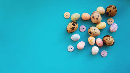 Quail Easter eggs on blue background. Flat lay, top view. Easter concept banner.の写真素材