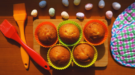 Mini Cakes Decorated with Eggs, Easter Dessert. Simple mini muffins in colorful silicone bakeware....