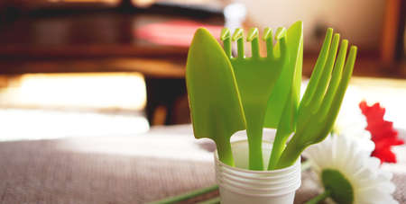 Gardening background. Gardening green tools and flowers - soft focusの写真素材