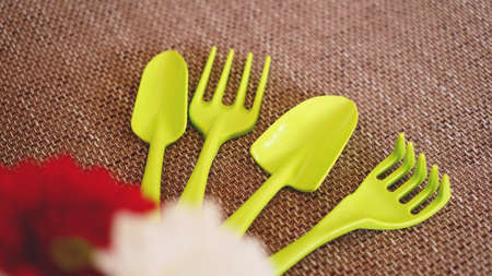 Gardening background. Gardening green tools and flowers - soft focusの写真素材