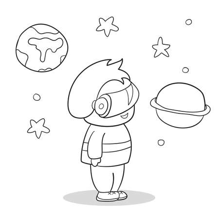 Child in VR glasses. Modern technologies for gaming. Coloring book page design for kidsのイラスト素材