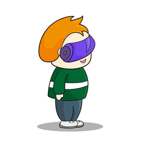 Cute vector illustration for children. Cartoon style. Isolated character. Modern technologies for kids. Boy with virtual reality device.のイラスト素材