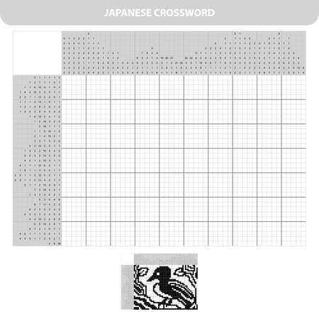 Bird. Black and white japanese crossword with answer. Nonogram with answer. Graphic crossword. Puzzle game for kids.のイラスト素材