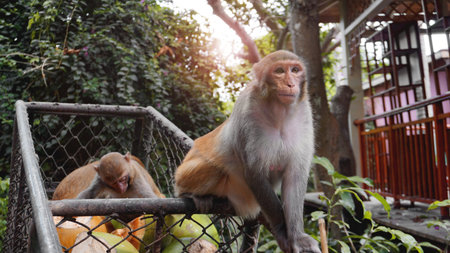 Monkeys steal food fruits from metal carts - animals