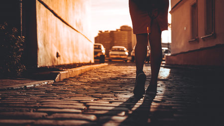 Silhouette of a girl who, in the rays of the sun, walks on a stone pavement in a European city, the...