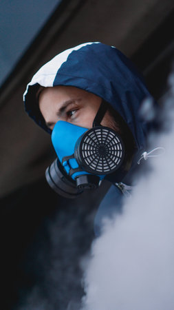 Protection respirator half mask for toxic gas.The man prepare to wear protection air pollution in the chemical industry. Smokeの写真素材