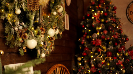 Happy Holiday. A beautiful wooden living room decorated for Christmas.