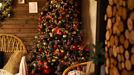Happy Holiday. A beautiful wooden living room decorated for Christmas.の写真素材