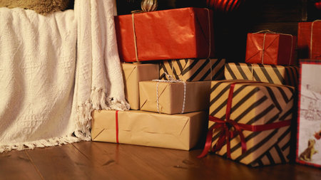 Christmas decoration. Happy Holiday. A beautiful living room decorated for Christmas. New year gifts