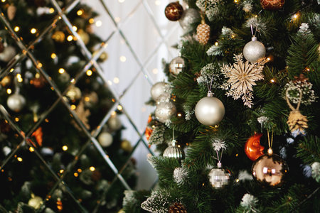 Christmas decorations, Christmas tree, gifts, new year in gold color