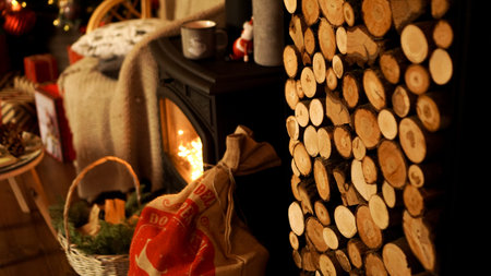 Beautiful holiday decorated room with Christmas tree. Led lighting, cozy home scene. Nobody there.の写真素材