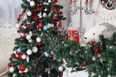 Christmas decorations, Christmas tree, gifts, new year in red white and blue colorの写真素材