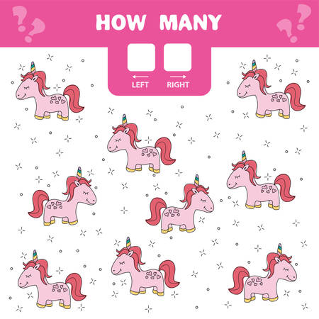 Cartoon Illustration of Educational Game of Counting Left and Right Picture for Children - pink unicornのイラスト素材