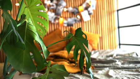 Cozy room. Home plant in focus. Blurred background - wooden wall with lights and photos above the...