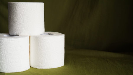 Toilet paper is consider a must item during crisis. Tissue rolls on dark green background for...