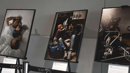 September 5, 2019 Ukraine, Boryspil Airport - Photo exhibition Swedish Fathers - Creative photos about fathers and childrenのeditorial素材